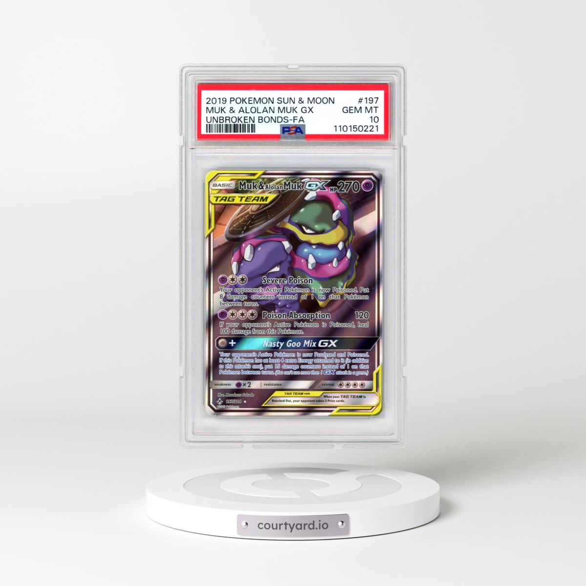 2019 Pokémon Sun & Moon Unbroken Bonds #197 Muk & Alolan Muk GX - Holo Full Art (PSA 10 GEM MINT)