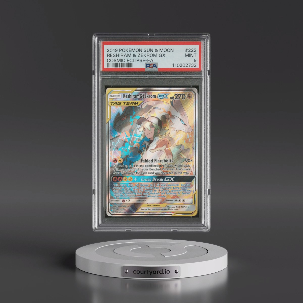 2019 Pokémon Sun & Moon Cosmic Eclipse #222 Reshiram & Zekrom GX - Holo Full Art (PSA 9 MINT)