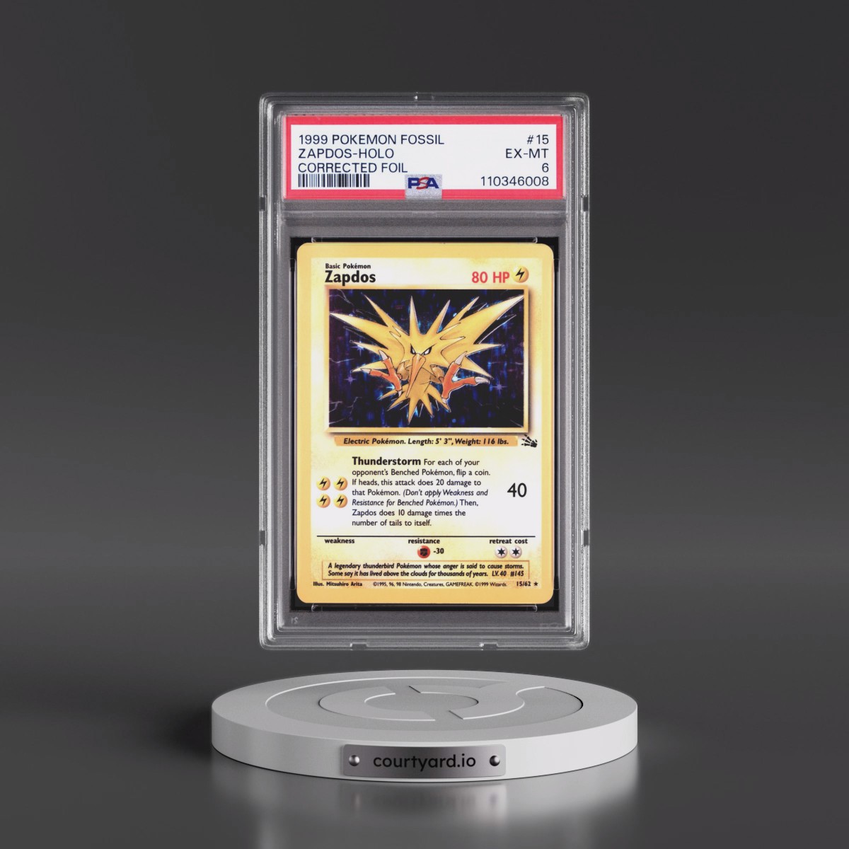 1999 Pokémon Fossil #15 Zapdos - Holo Corrected Foil (PSA 6 EX-MT)