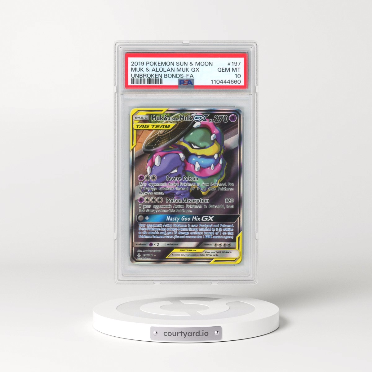 2019 Pokémon Sun & Moon Unbroken Bonds #197 Muk & Alolan Muk GX - Holo Full Art (PSA 10 GEM MINT)