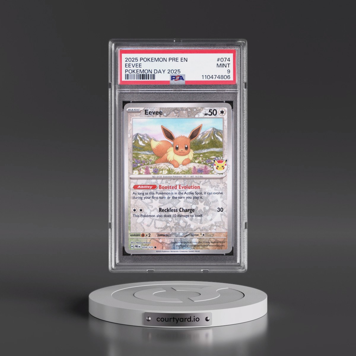 2025 Pokémon Pre EN-Prismatic Evolutions #074 Eevee - Pokemon Day 2025 (PSA 9 MINT)