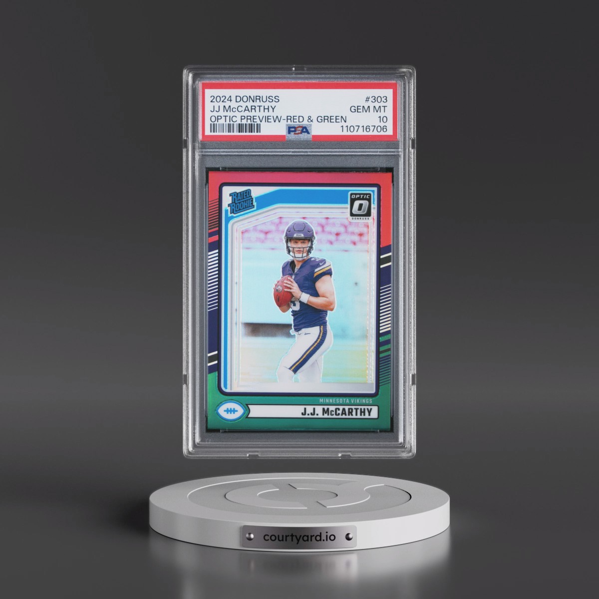 2024 Panini Donruss #303 JJ McCarthy - Optic Preview-Red & Green (PSA 10 GEM MINT)