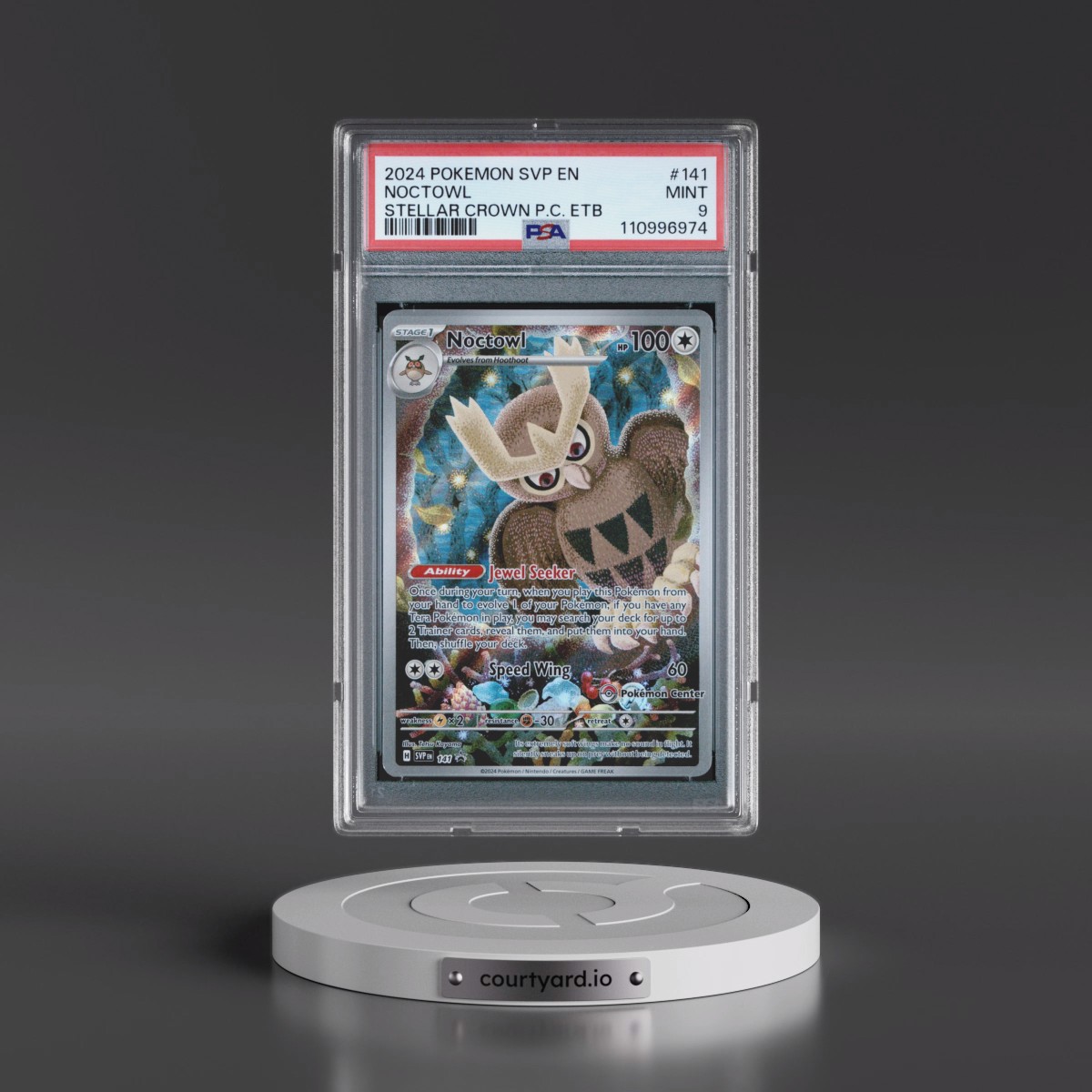 2024 Pokémon Svp EN-SV Black Star Promo #141 Noctowl - Stellar Crown Pokemon Center Elite Trainer Box (PSA 9 MINT)