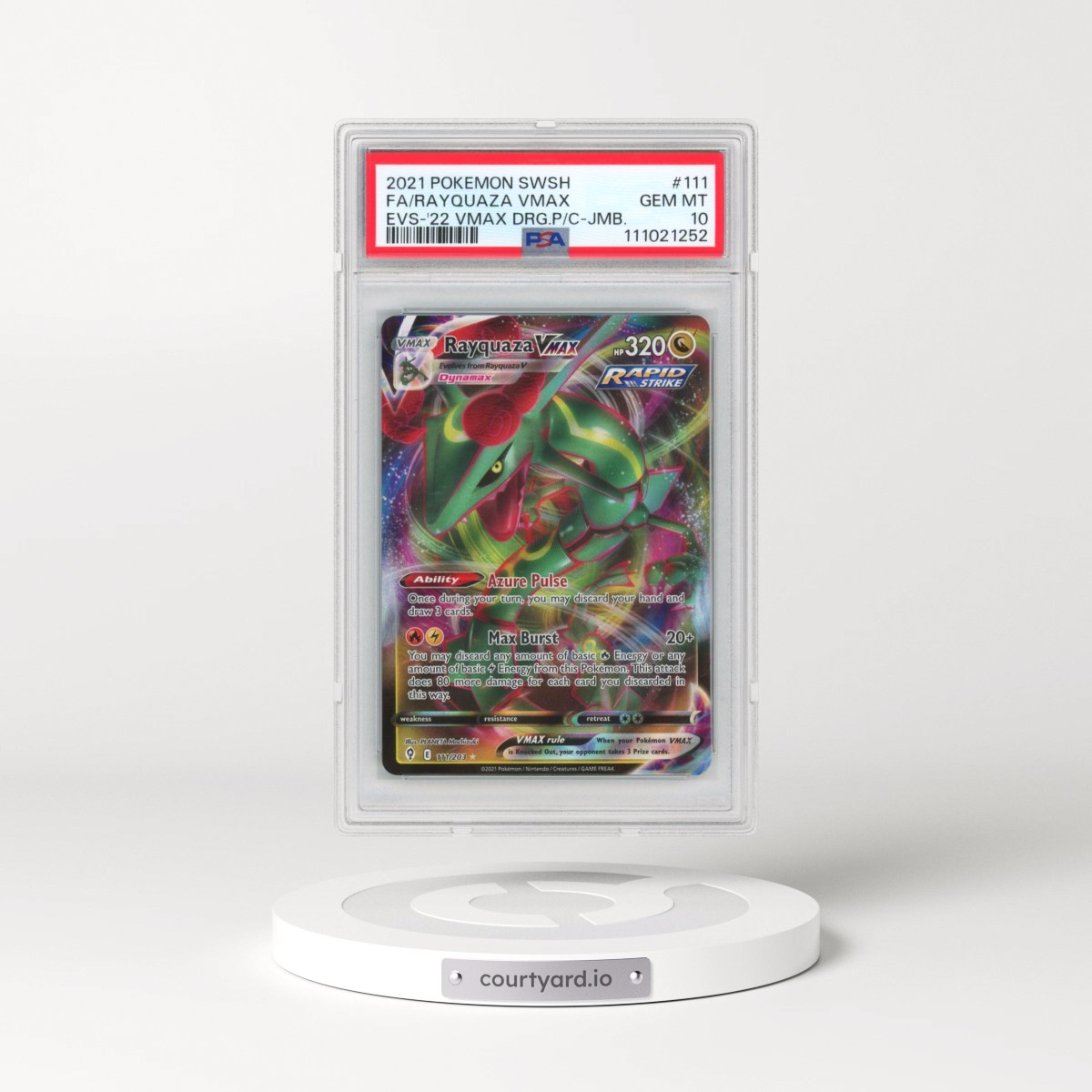 2021 Pokémon Sword & Shield Evolving Skies #111 Rayquaza Vmax - Full Art 2022 Vmax Dragons Premium Collection-Jumbo (PSA 10 GEM MINT)