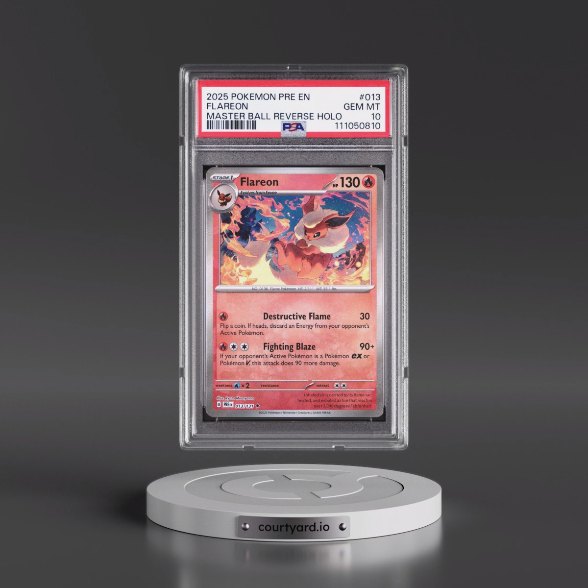 2025 Pokémon Pre EN-Prismatic Evolutions #013 Flareon - Reverse Holo Master Ball (PSA 10 GEM MINT)