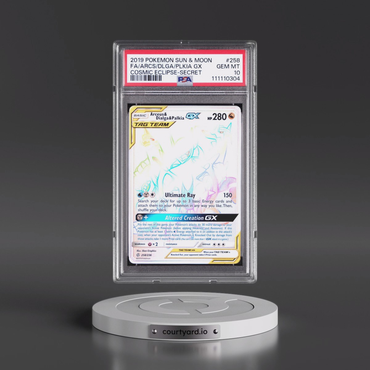 2019 Pokémon Sun & Moon Cosmic Eclipse #258 Arceus & Dialga & Palkia GX - Holo Full Art Secret (PSA 10 GEM MINT)