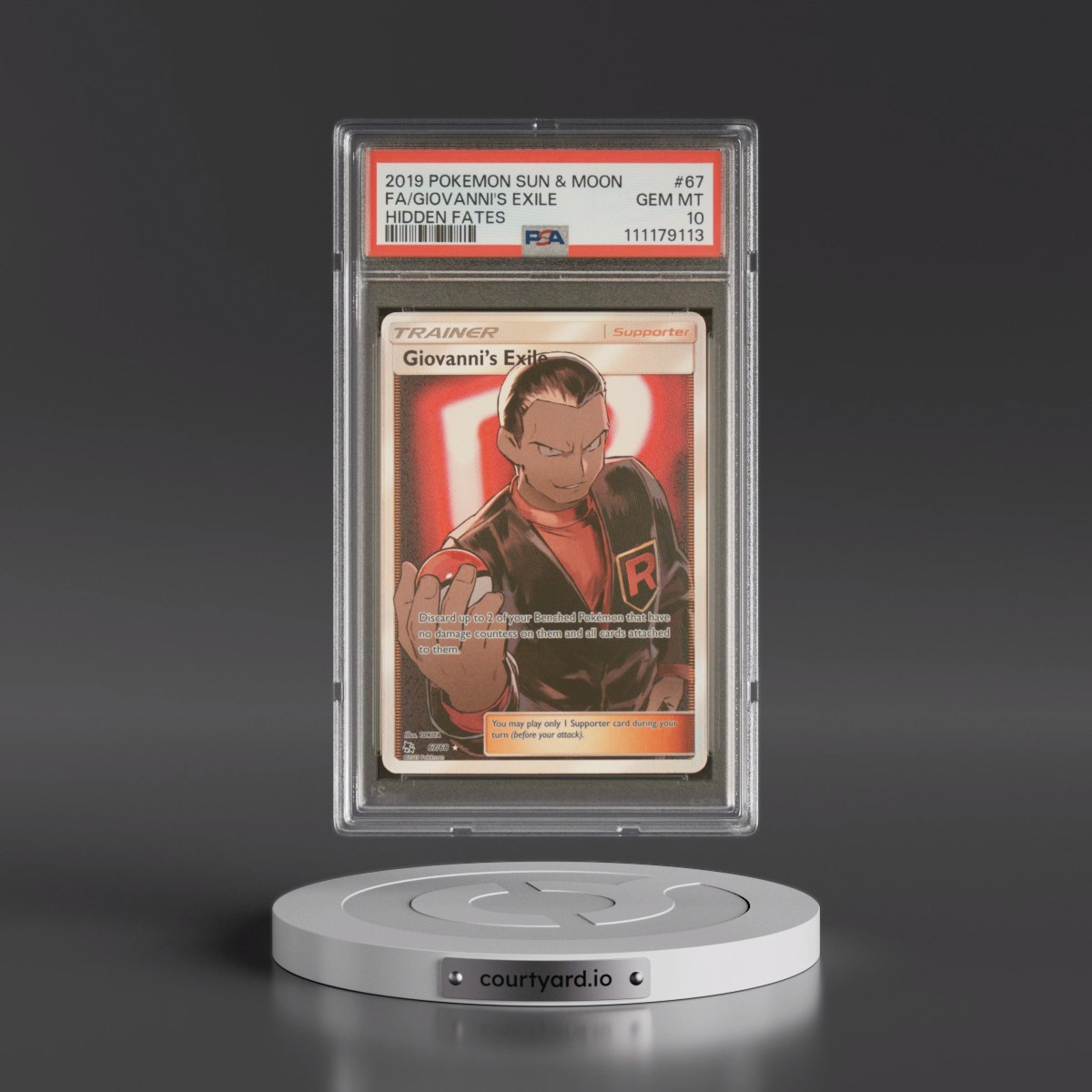 2019 Pokémon Sun & Moon Hidden Fates #67 Giovanni's Exile - Full Art (PSA 10 GEM MINT)