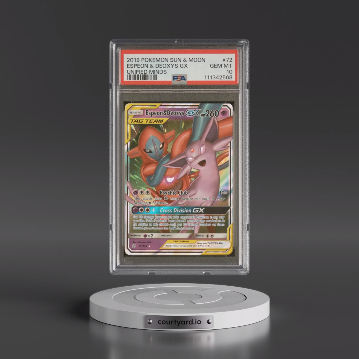 2019 Pokémon Sun & Moon Unified Minds #72 Espeon & Deoxys GX - Holo (PSA 10 GEM MINT)