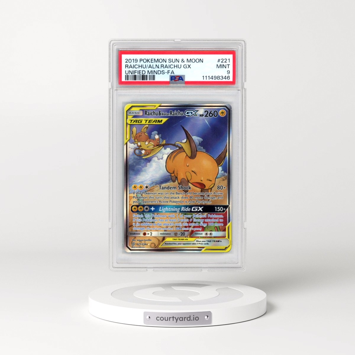 2019 Pokémon Sun & Moon Unified Minds #221 Raichu & Alolan Raichu GX - Holo Full Art (PSA 9 MINT)