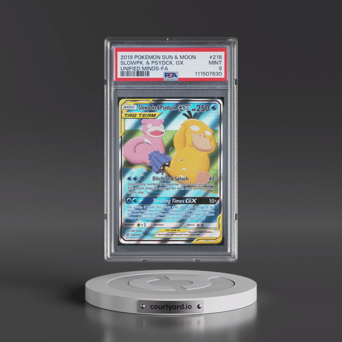 2019 Pokémon Sun & Moon Unified Minds #218 Slowpoke & Psyduck GX - Holo Full Art (PSA 9 MINT)
