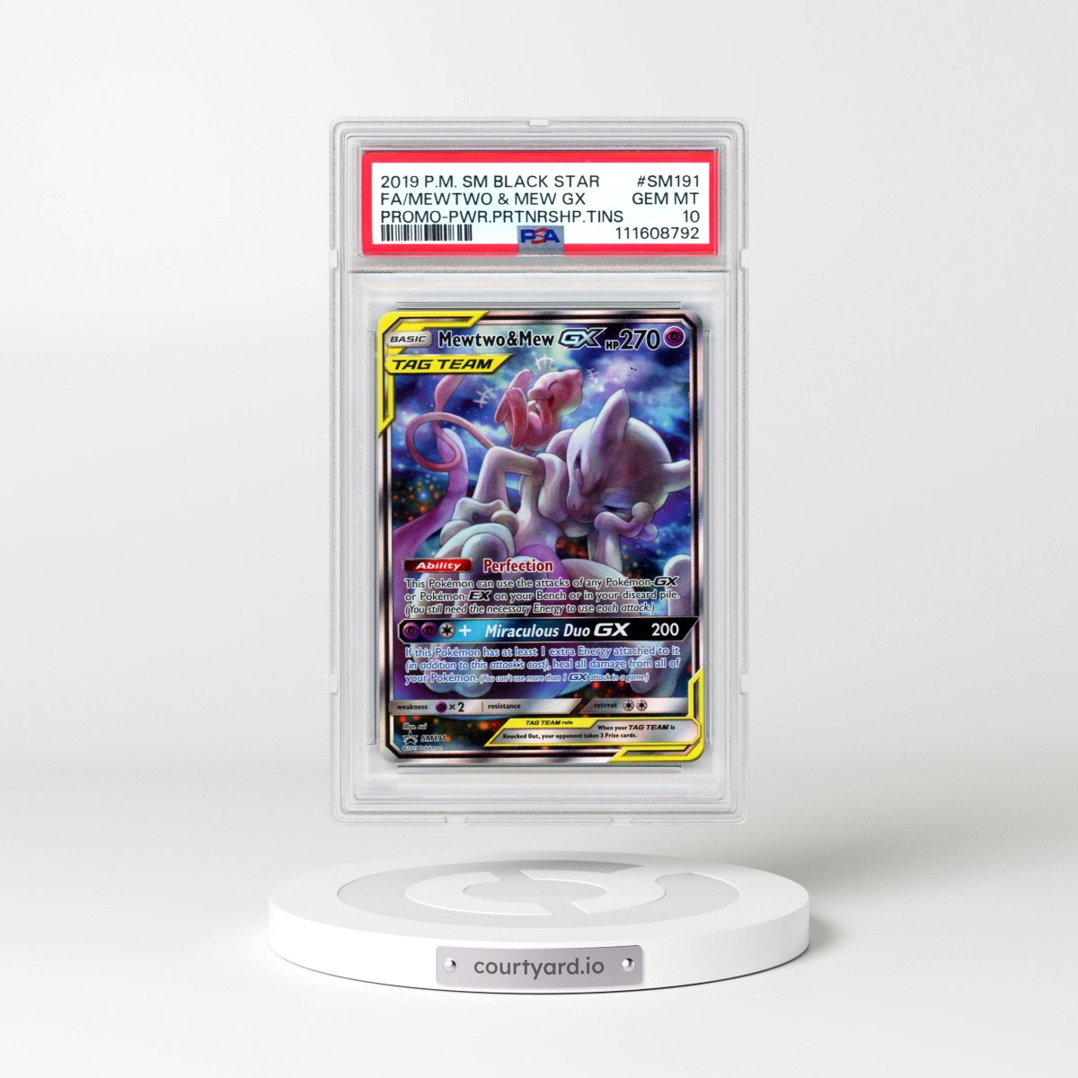 2019 Pokémon SM Black Star Promo #SM191 Mewtwo & Mew GX - Holo Full Art Power Partnership Tins (PSA 10 GEM MINT)