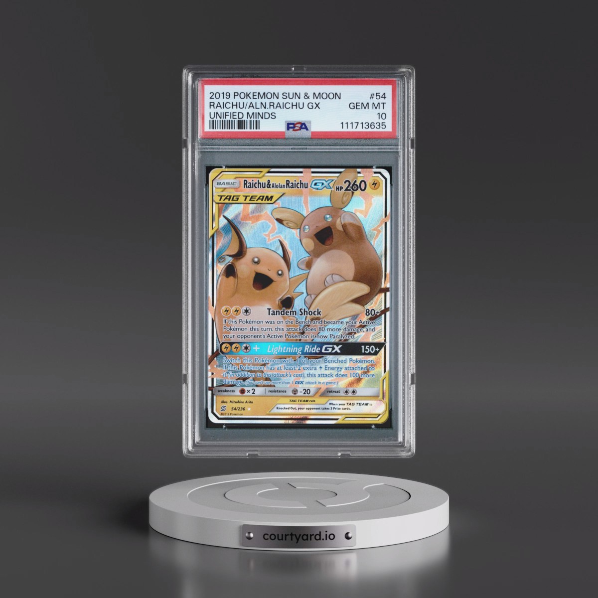 2019 Pokémon Sun & Moon Unified Minds #54 Raichu & Alolan Raichu GX - Holo (PSA 10 GEM MINT)