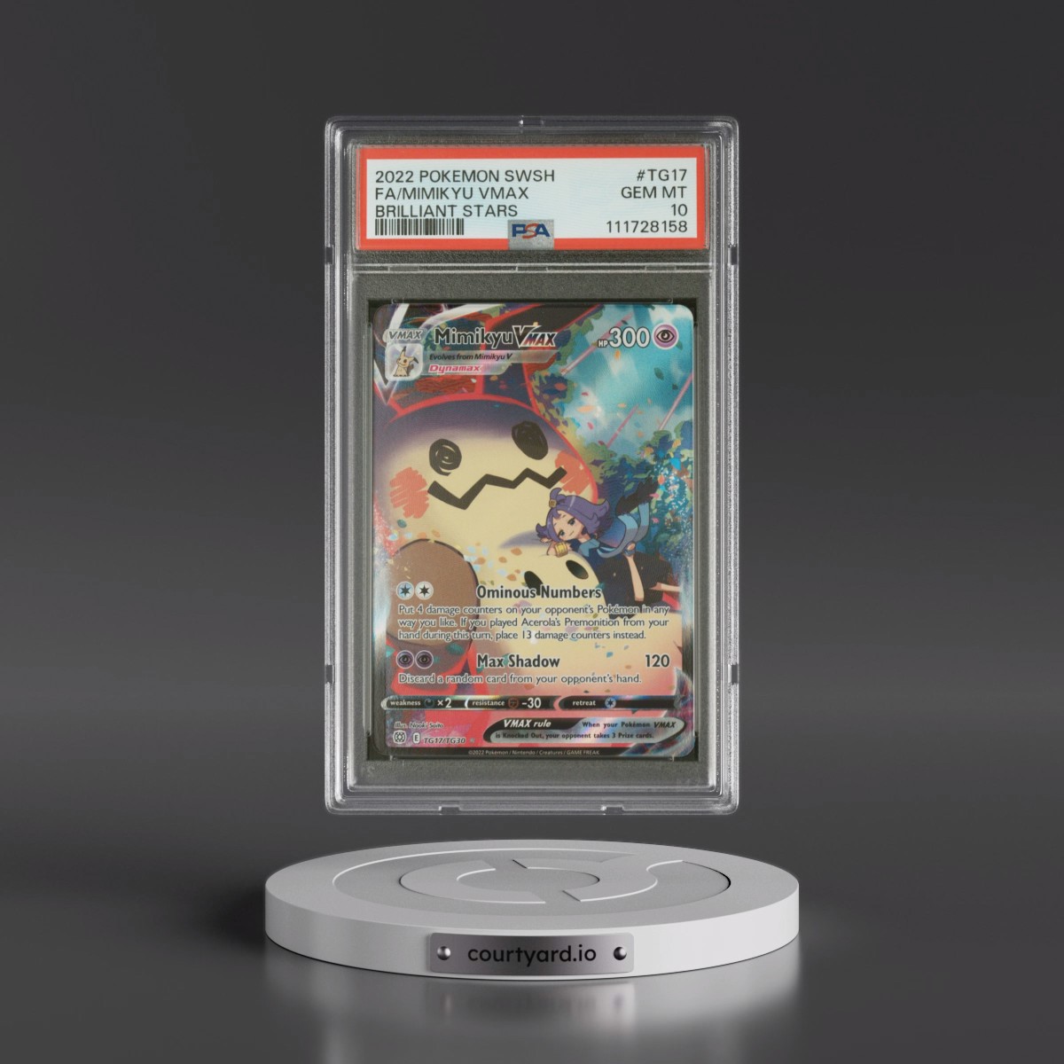 2022 Pokémon Sword & Shield Brilliant Stars #TG17 Mimikyu Vmax - Full Art (PSA 10 GEM MINT)