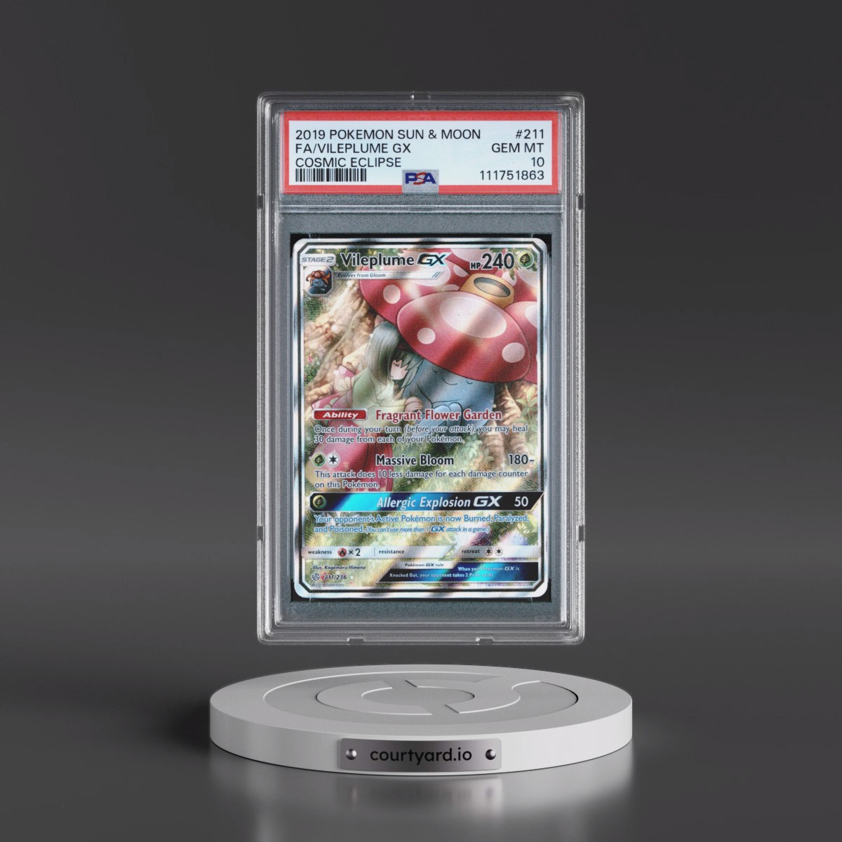 2019 Pokémon Sun & Moon Cosmic Eclipse #211 Vileplume GX - Holo Full Art (PSA 10 GEM MINT)