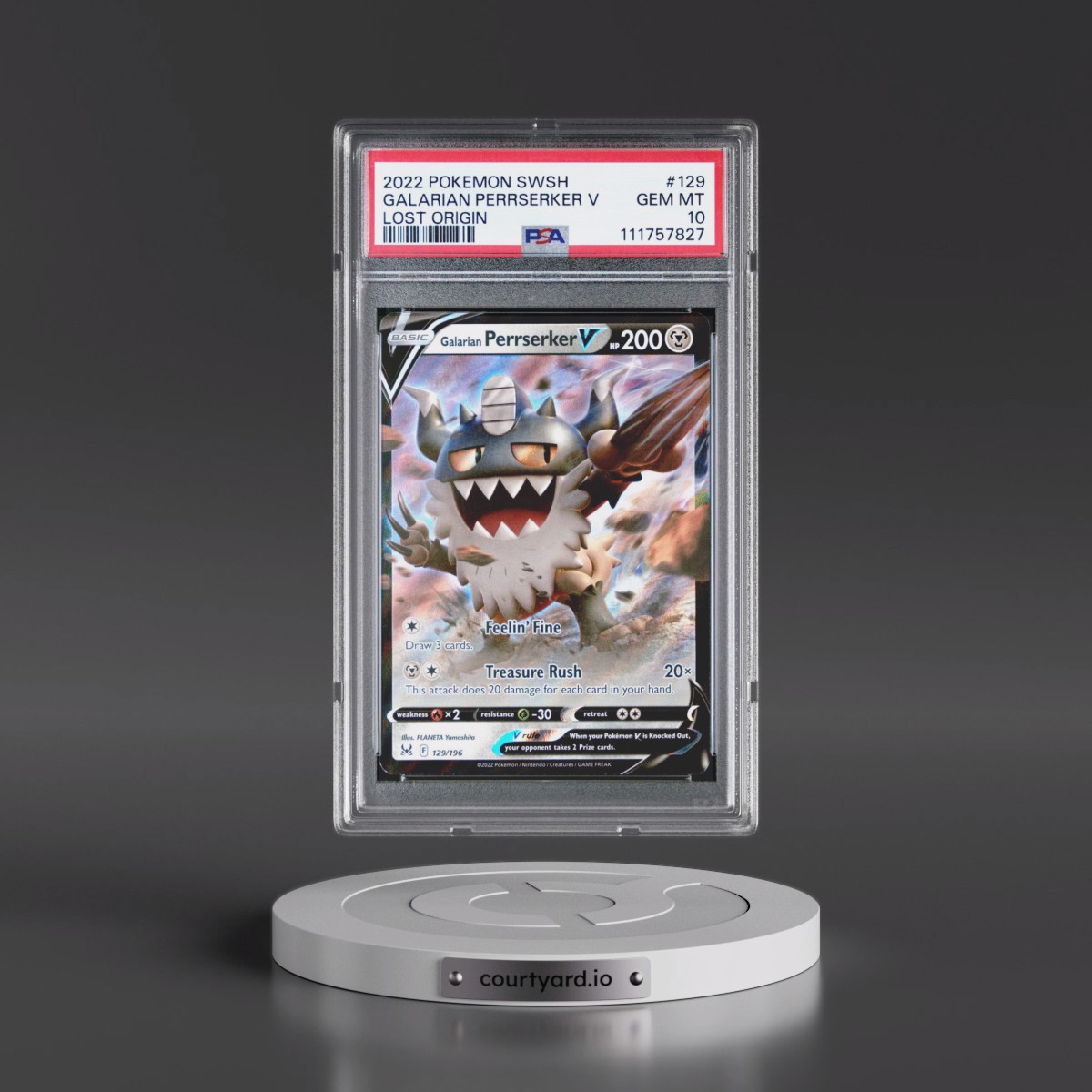 2022 Pokémon Sword & Shield Lost Origin #129 Galarian Perrserker V - Holo (PSA 10 GEM MINT)