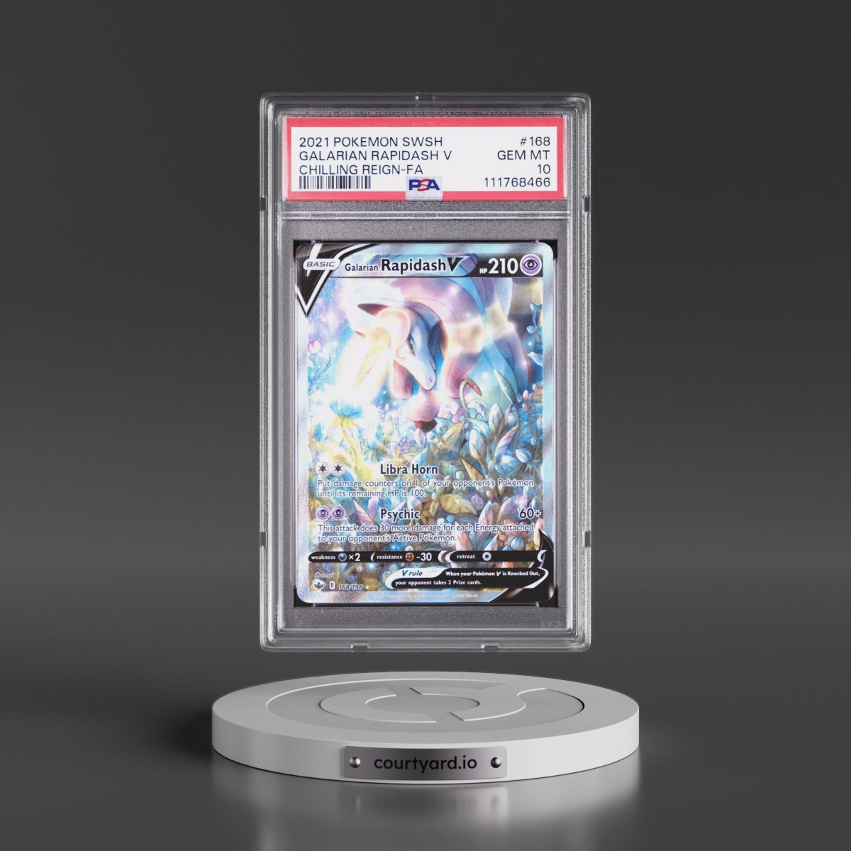 2021 Pokémon Sword & Shield Chilling Reign #168 Galarian Rapidash V - Holo Full Art (PSA 10 GEM MINT)