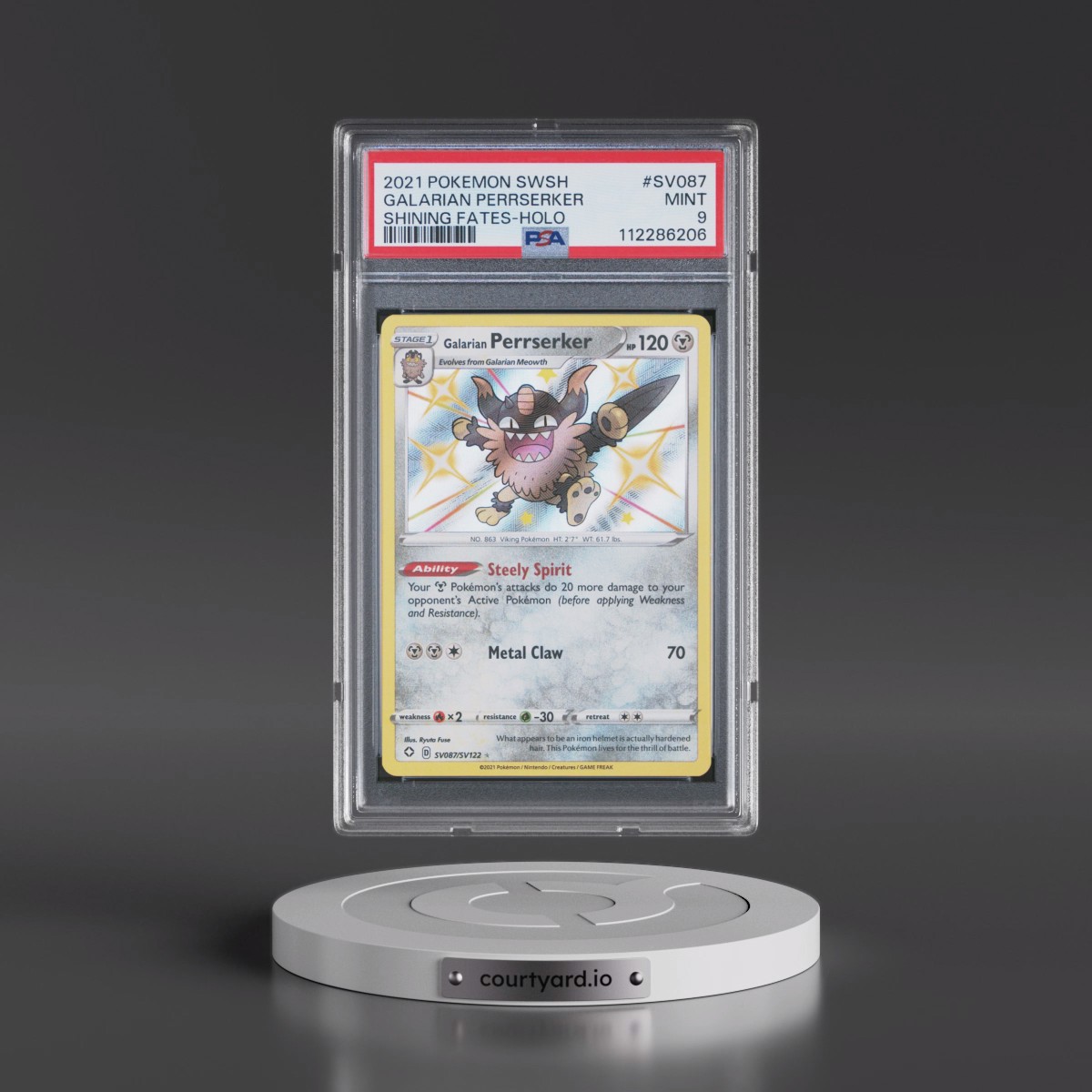 2021 Pokémon Sword & Shield Shining Fates #SV087 Galarian Perrserker - Holo (PSA 9 MINT)