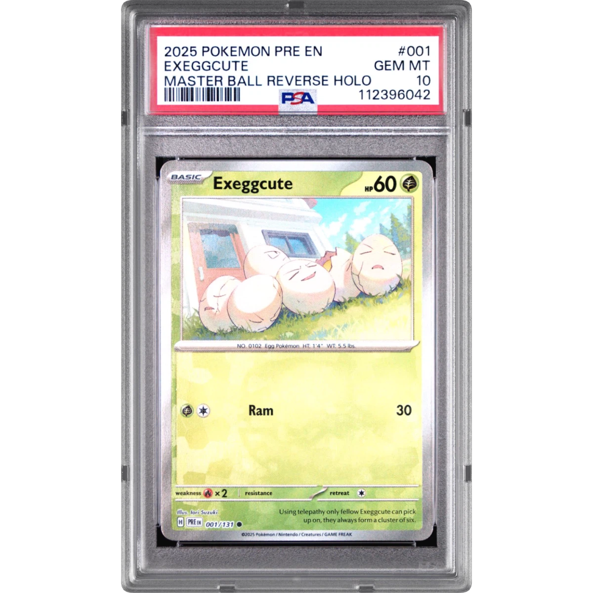 2025 Pokémon Pre EN-Prismatic Evolutions #001 Exeggcute - Reverse Holo Master Ball (PSA 10 GEM MINT)