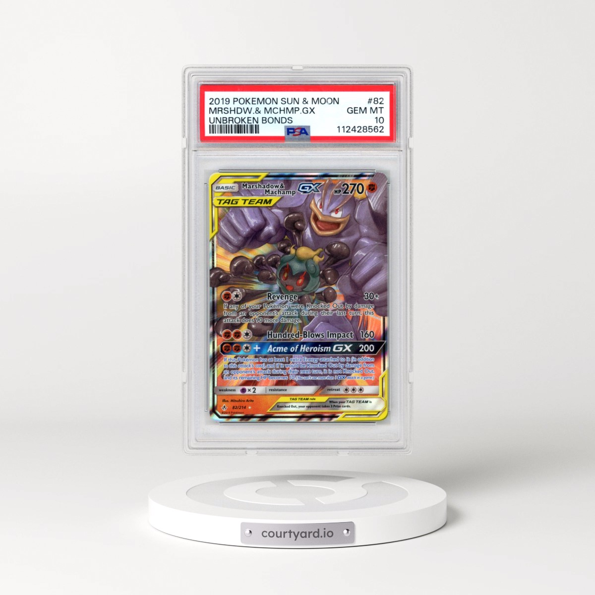 2019 Pokémon Sun & Moon Unbroken Bonds #82 Marshadow & Machamp GX - Holo (PSA 10 GEM MINT)