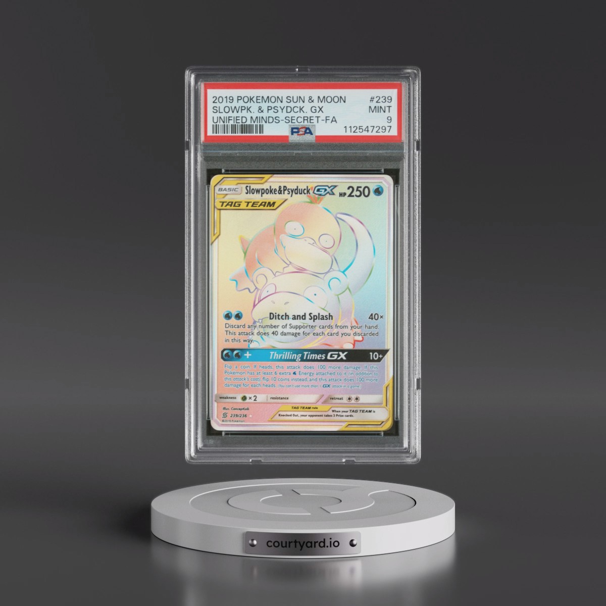 2019 Pokémon Sun & Moon Unified Minds #239 Slowpoke & Psyduck GX - Holo Full Art Secret (PSA 9 MINT)