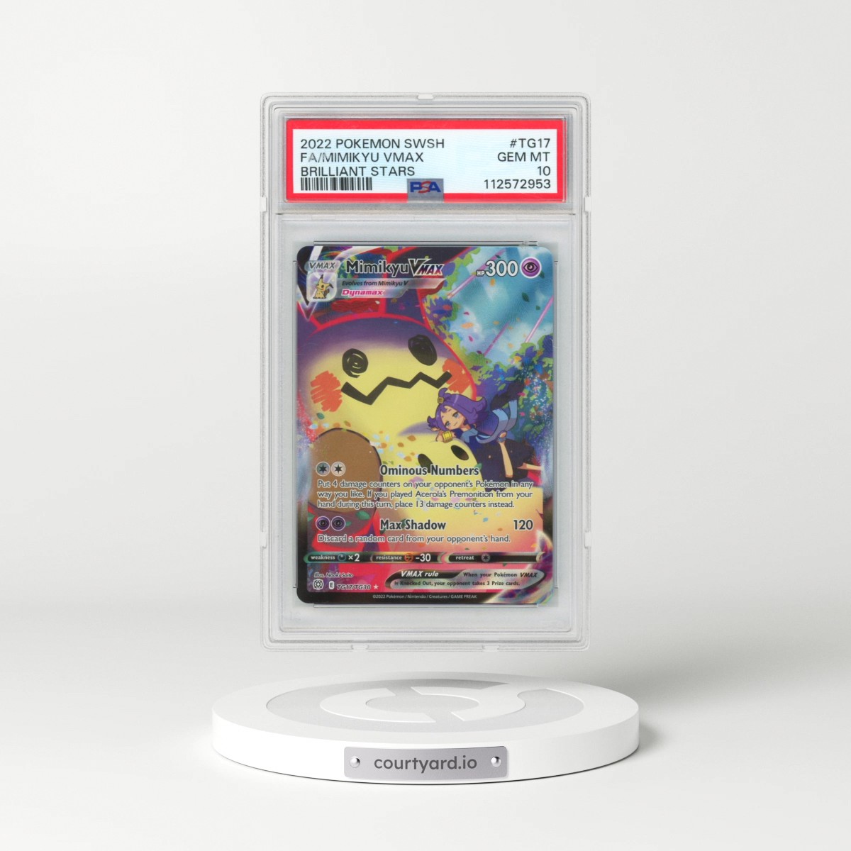 2022 Pokémon Sword & Shield Brilliant Stars #TG17 Mimikyu Vmax - Full Art (PSA 10 GEM MINT)