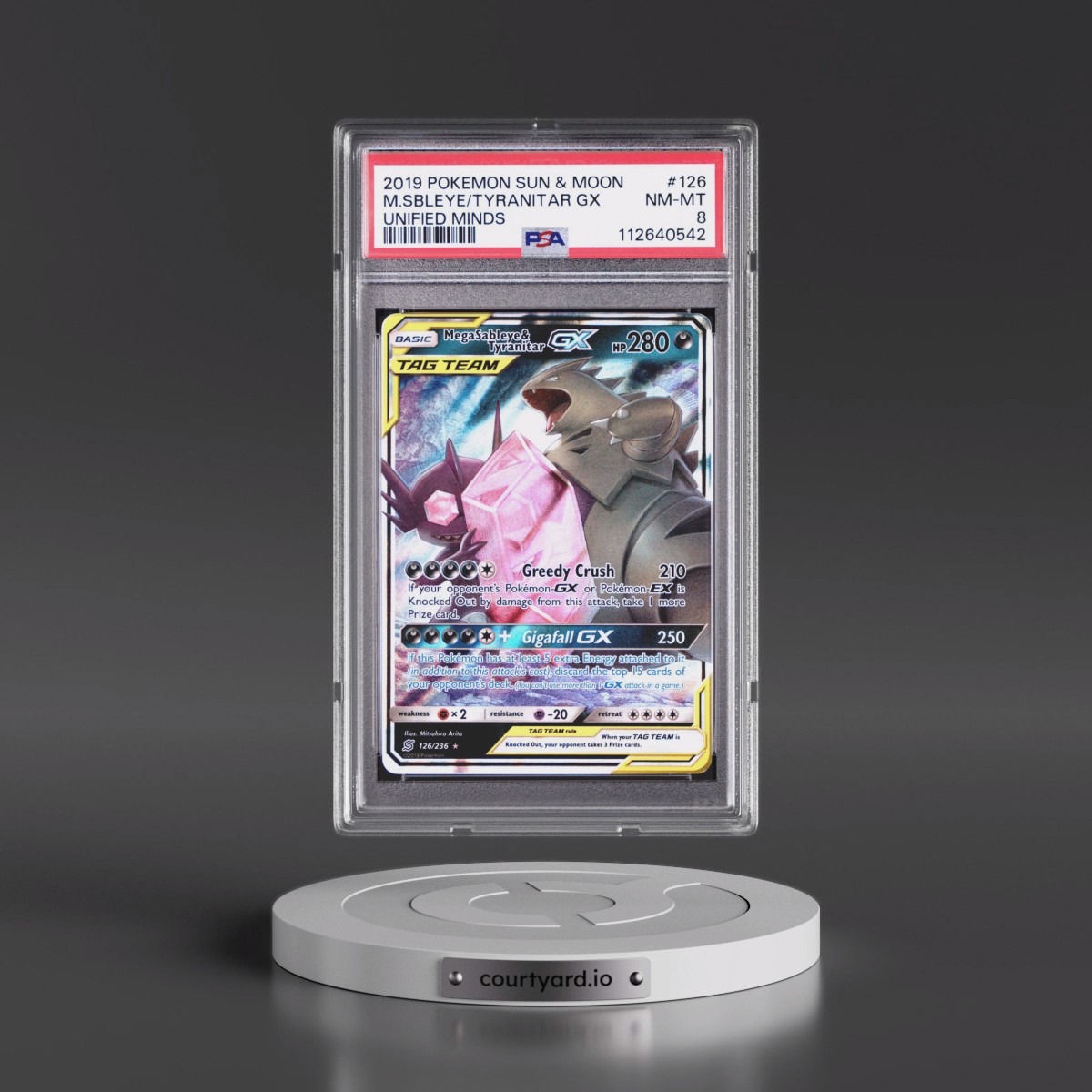 2019 Pokémon Sun & Moon Unified Minds #126 Mega Sableye & Tyranitar GX - Holo (PSA 8 NM-MT)