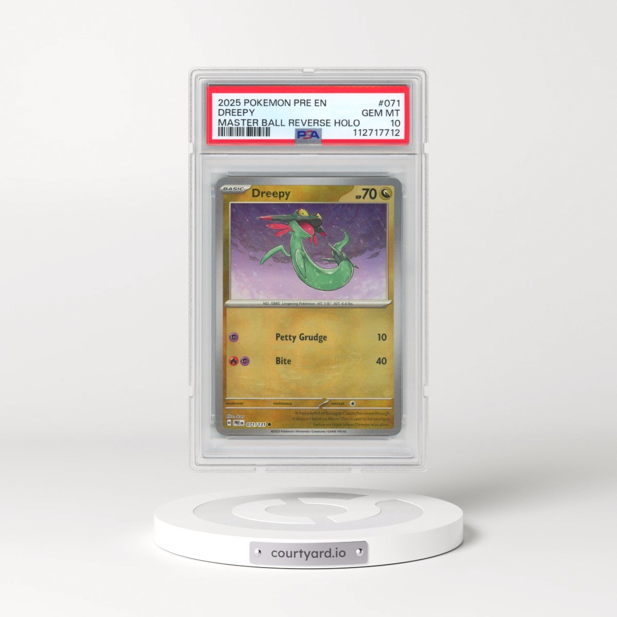 2025 Pokémon Pre EN-Prismatic Evolutions #071 Dreepy - Reverse Holo Master Ball (PSA 10 GEM MINT)