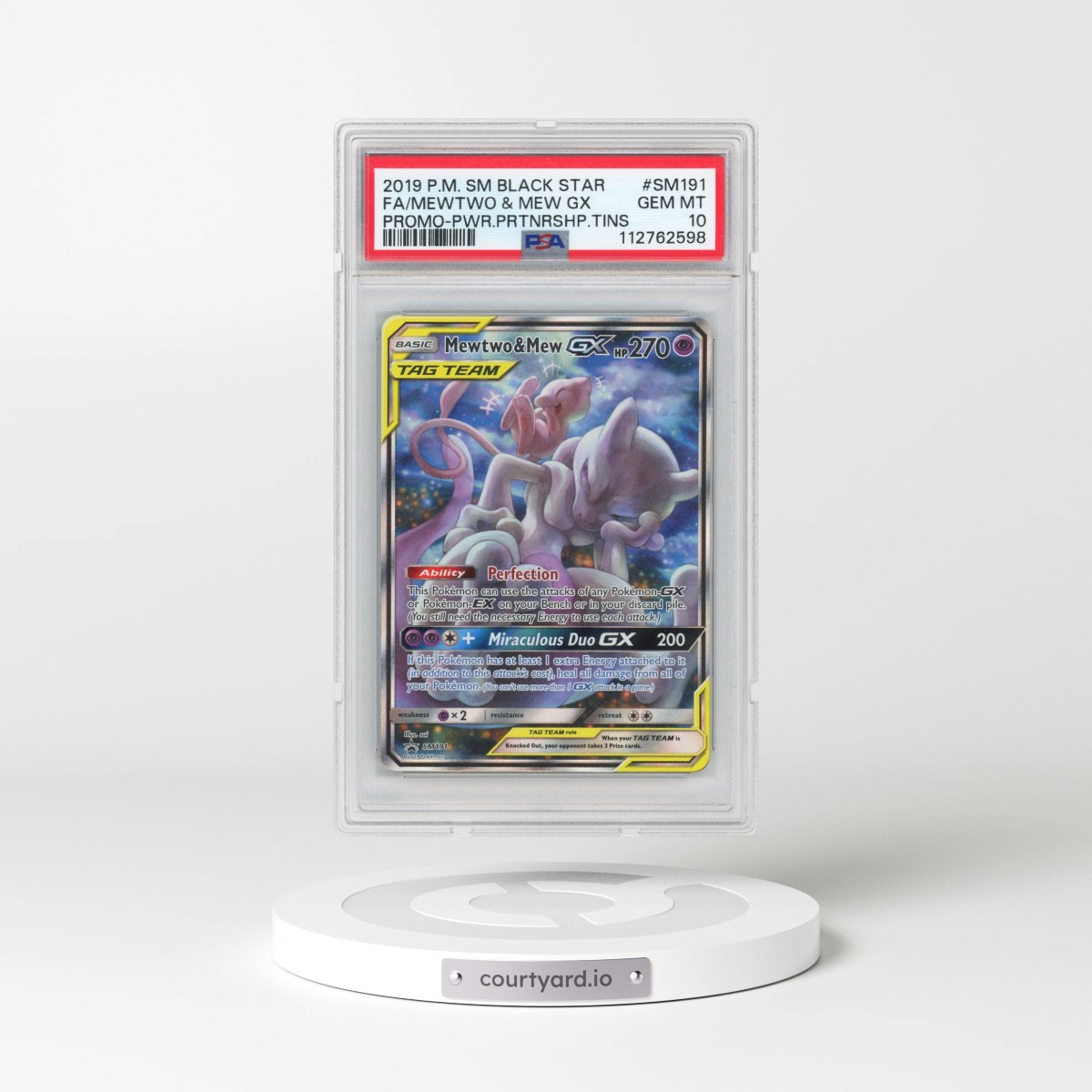 2019 Pokémon SM Black Star Promo #SM191 Mewtwo & Mew GX - Holo Full Art Power Partnership Tins (PSA 10 GEM MINT)