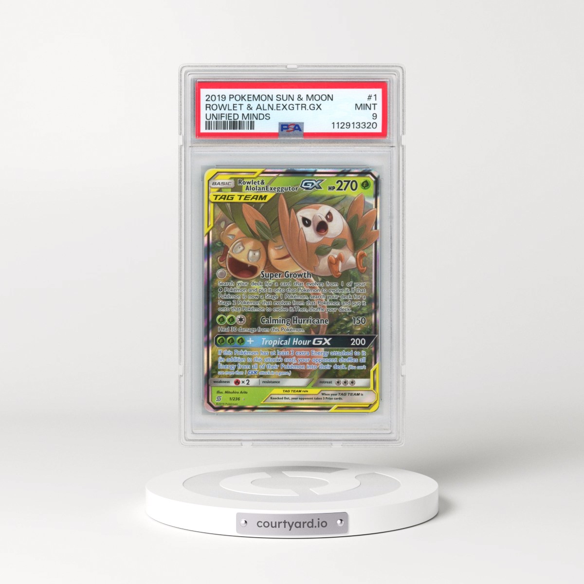 2019 Pokémon Sun & Moon Unified Minds #1 Rowlet & Alolan Exeggutor GX - Holo (PSA 9 MINT)