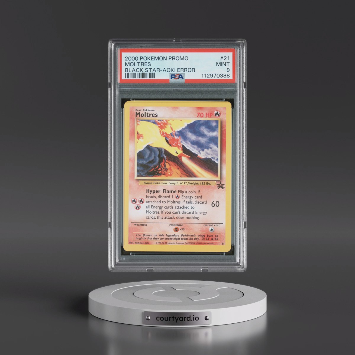 2000 Pokémon Promo Black Star #21 Moltres - Toshinao Aoki Error (PSA 9 MINT)
