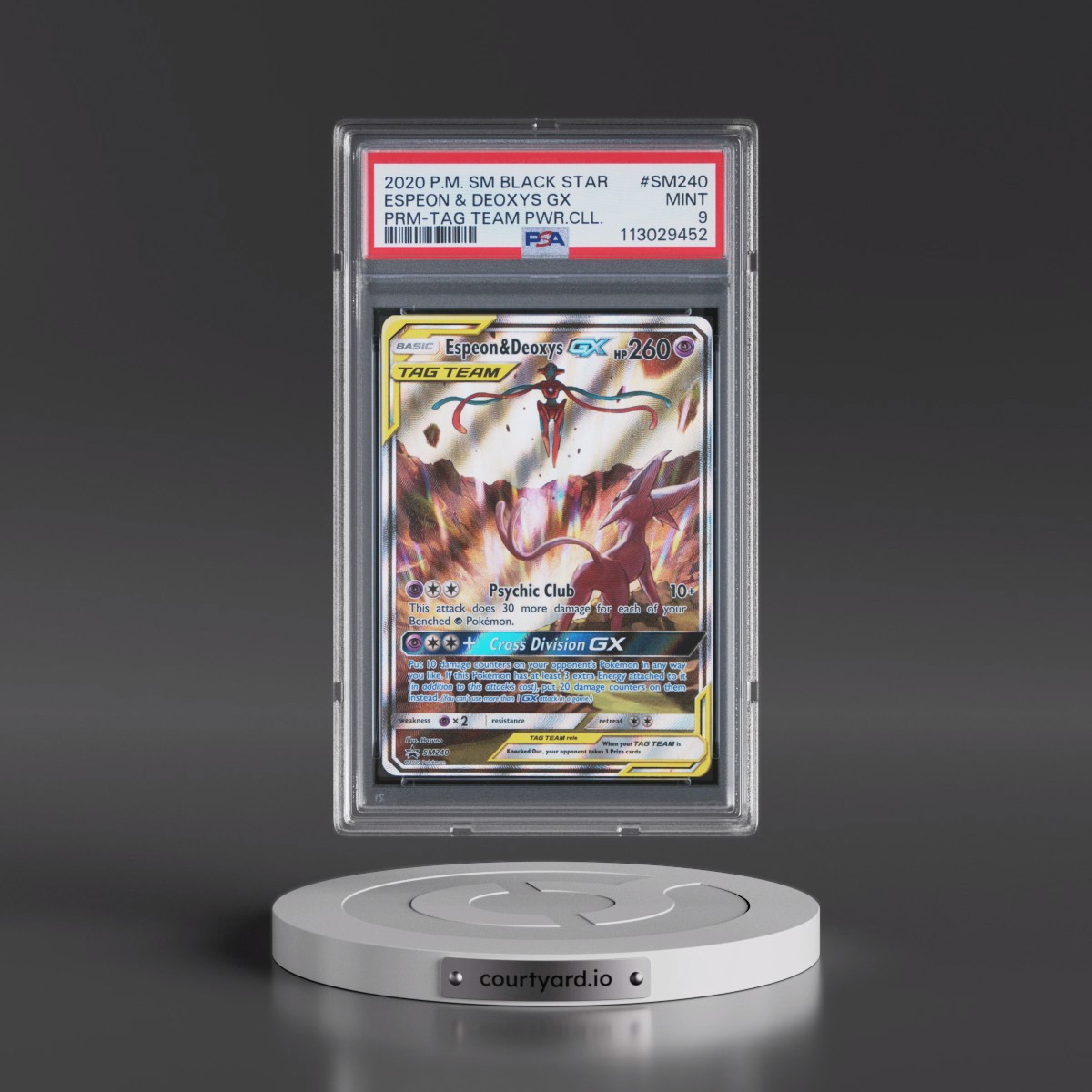 2020 Pokémon SM Black Star Promo #SM240 Espeon & Deoxys GX - Holo Tag Team Powers Collection (PSA 9 MINT)