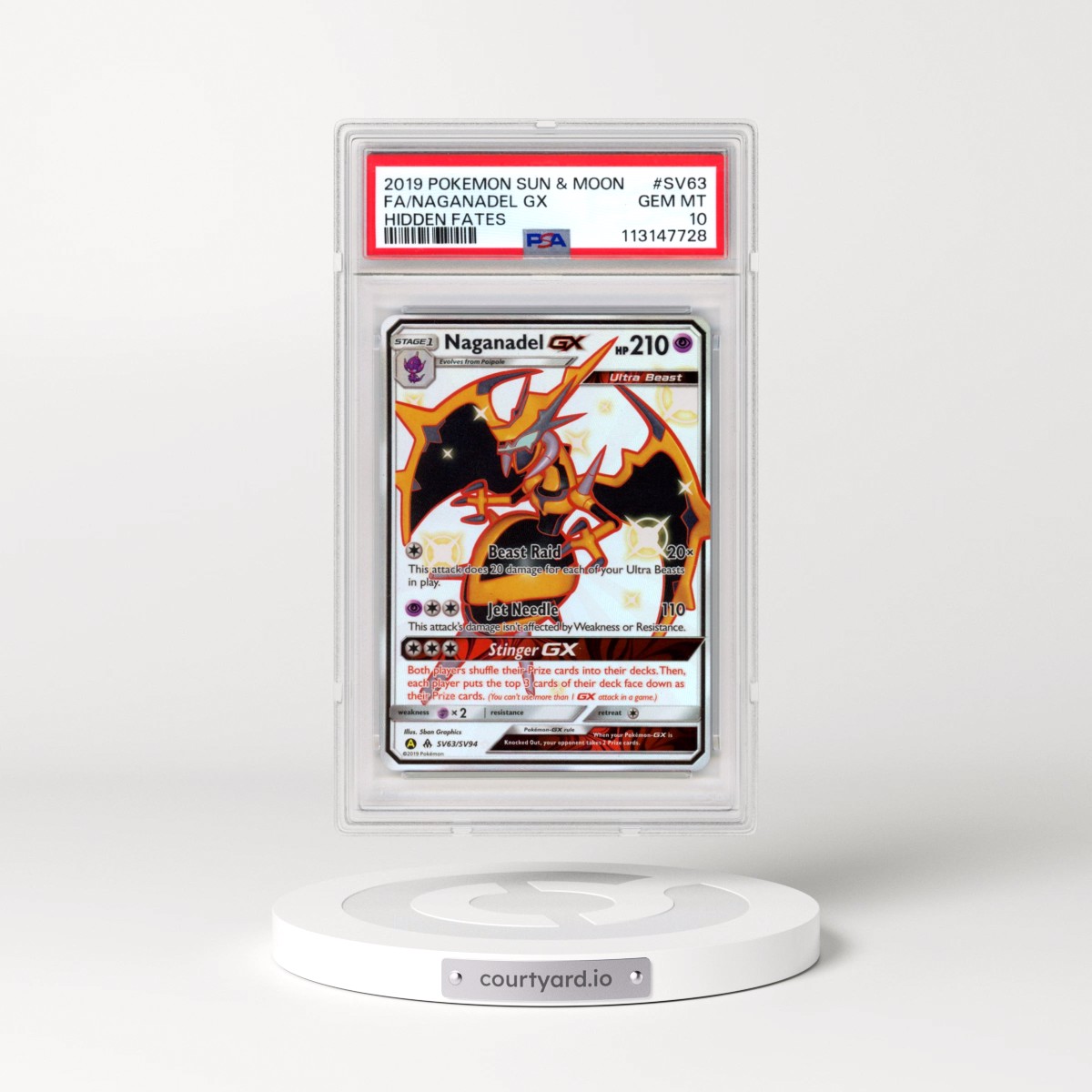 2019 Pokémon Sun & Moon Hidden Fates #SV63 Naganadel GX - Holo Full Art (PSA 10 GEM MINT)