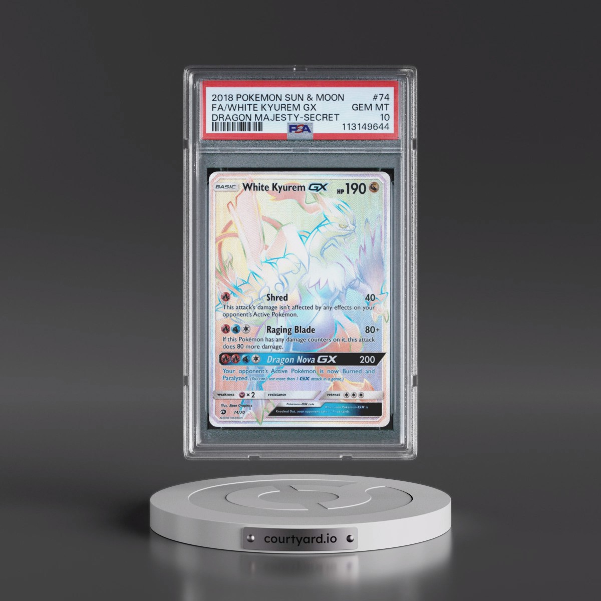 2018 Pokémon Sun & Moon Dragon Majesty #74 White Kyurem GX - Holo Full Art Secret (PSA 10 GEM MINT)