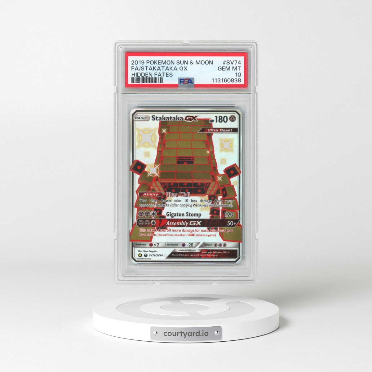 2019 Pokémon Sun & Moon Hidden Fates #SV74 Stakataka GX - Holo Full Art (PSA 10 GEM MINT)