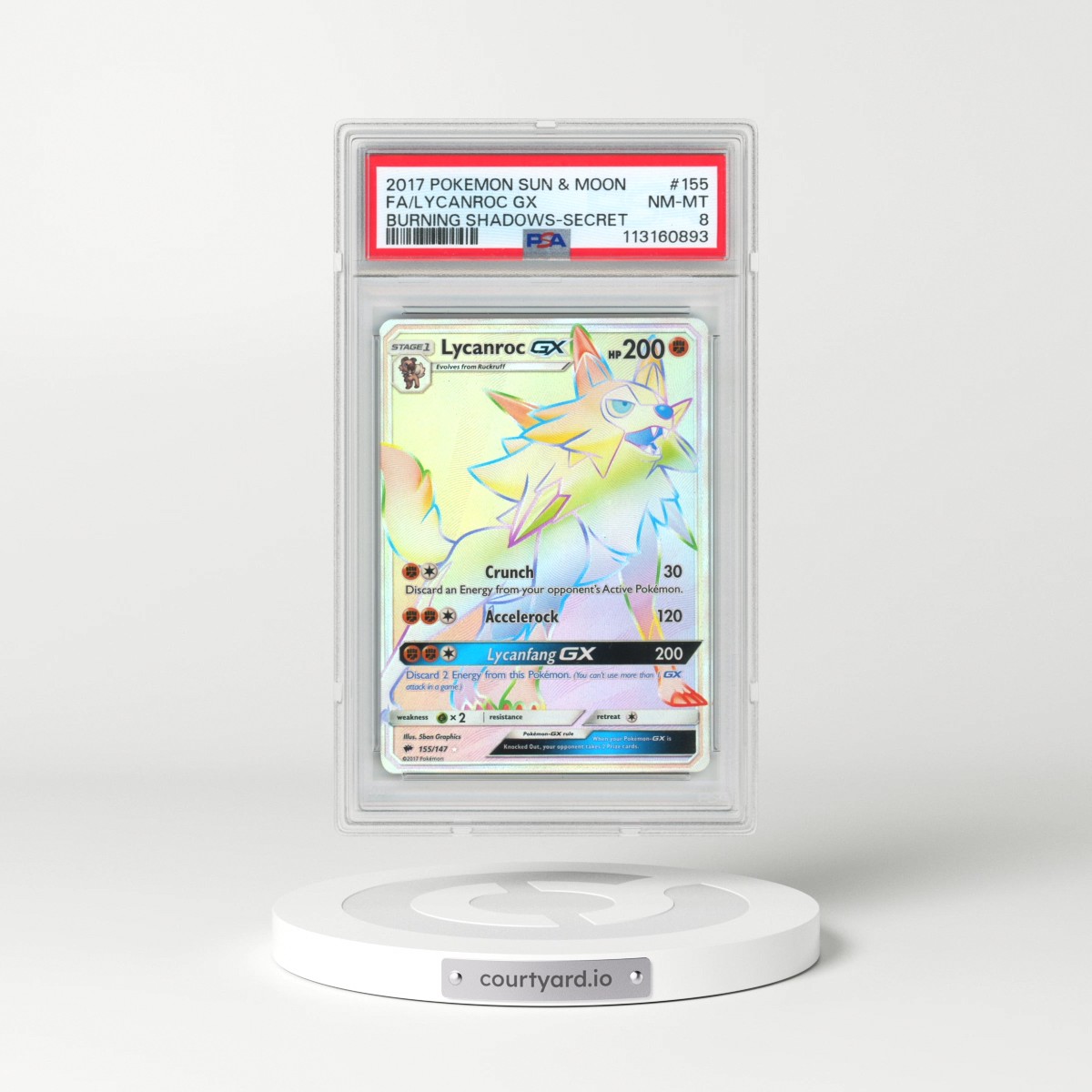 2017 Pokémon Sun & Moon Burning Shadows #155 Lycanroc GX - Holo Full Art Secret (PSA 8 NM-MT)