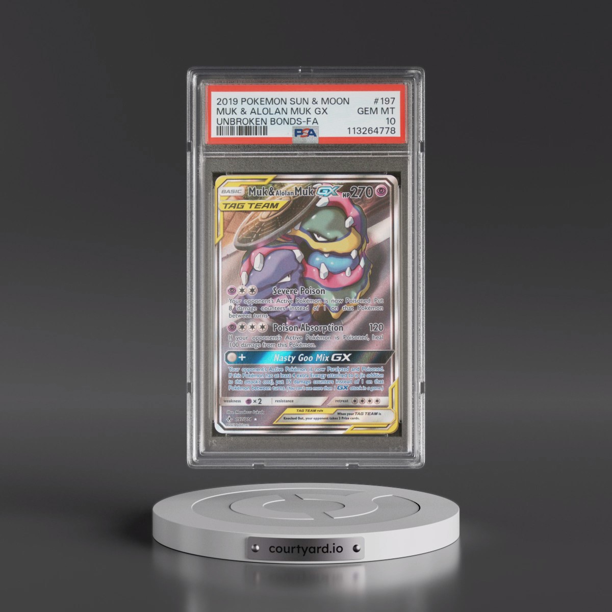 2019 Pokémon Sun & Moon Unbroken Bonds #197 Muk & Alolan Muk GX - Holo Full Art (PSA 10 GEM MINT)