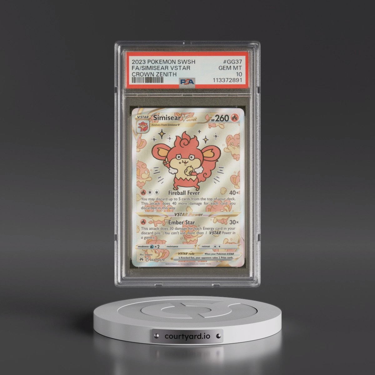 2023 Pokémon Sword and Shield Crown Zenith #GG37 Simisear Vstar - Full Art (PSA 10 GEM MINT)
