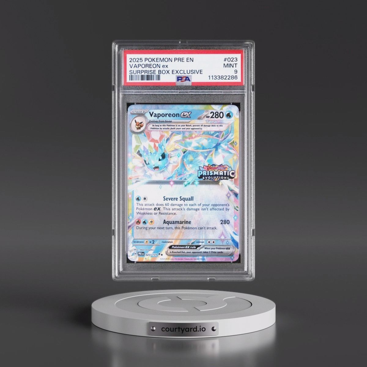 2025 Pokémon Pre EN-Prismatic Evolutions #023 Vaporeon EX - Holo Surprise Box Exclusive (PSA 9 MINT)