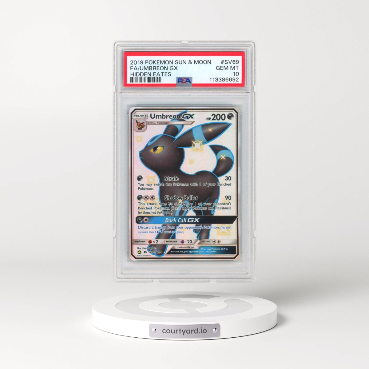 2019 Pokémon Sun & Moon Hidden Fates #SV69 Umbreon GX - Holo Full Art (PSA 10 GEM MINT)