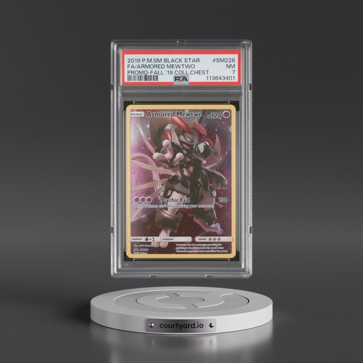 2019 Pokémon SM Black Star Promo #SM228 Armored Mewtwo - Full Art Fall 2019 Collector Chest (PSA 7 NM)