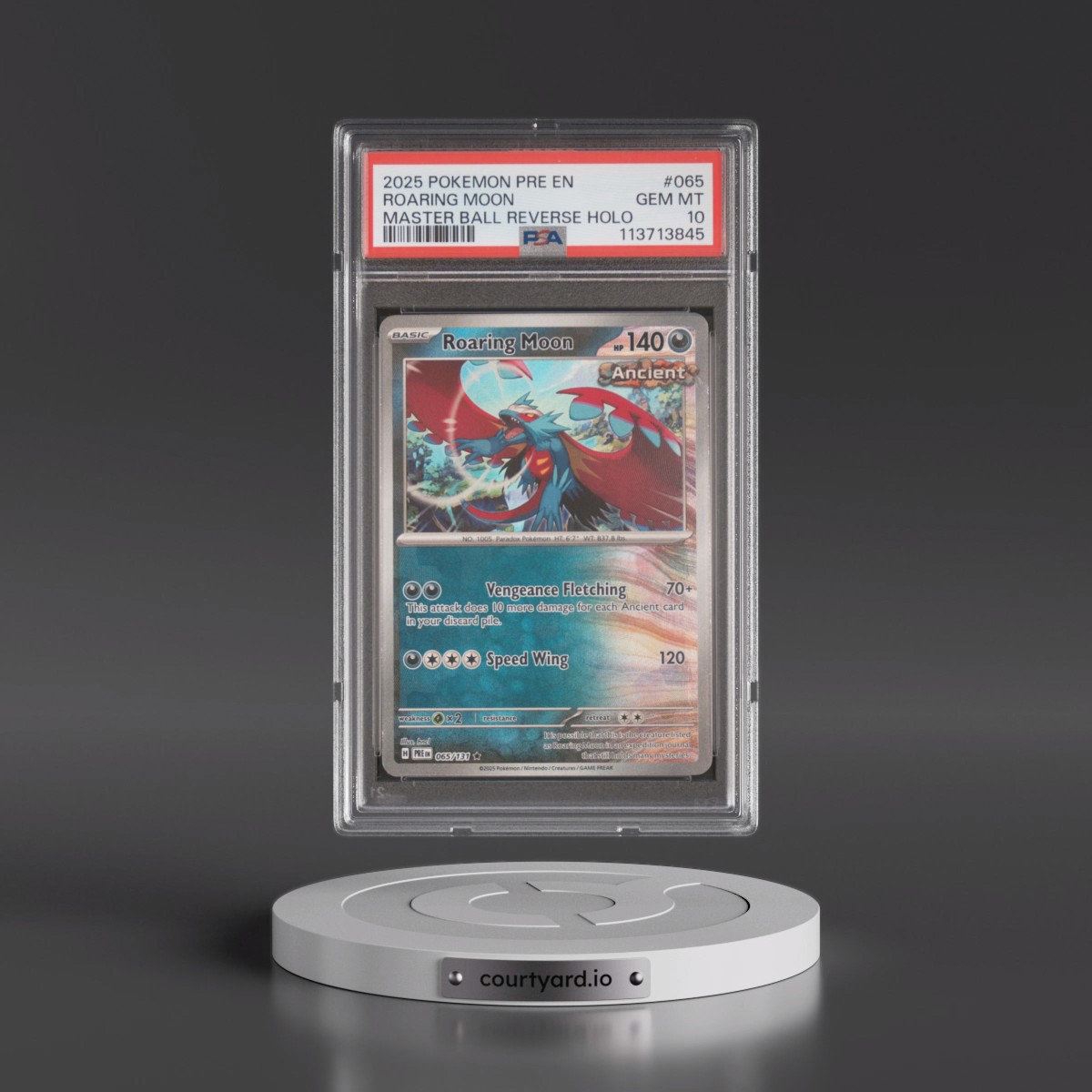 2025 Pokémon Pre EN-Prismatic Evolutions #065 Roaring Moon - Reverse Holo Master Ball (PSA 10 GEM MINT)