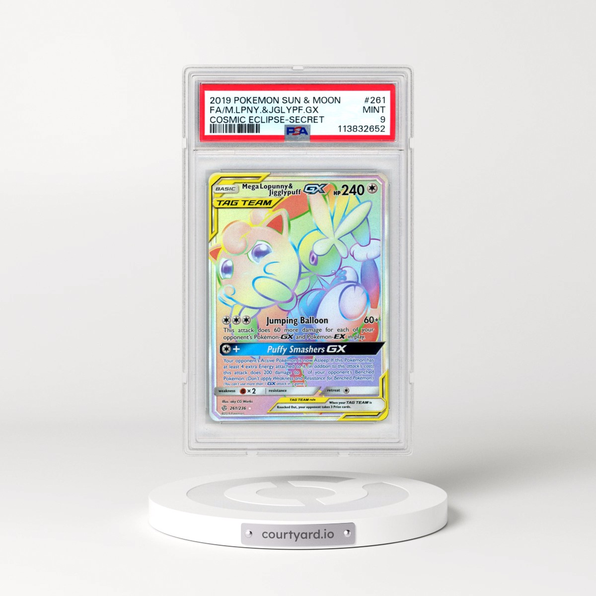 2019 Pokémon Sun & Moon Cosmic Eclipse #261 Mega-Lopunny & Jigglypuff GX - Holo Full Art Secret (PSA 9 MINT)