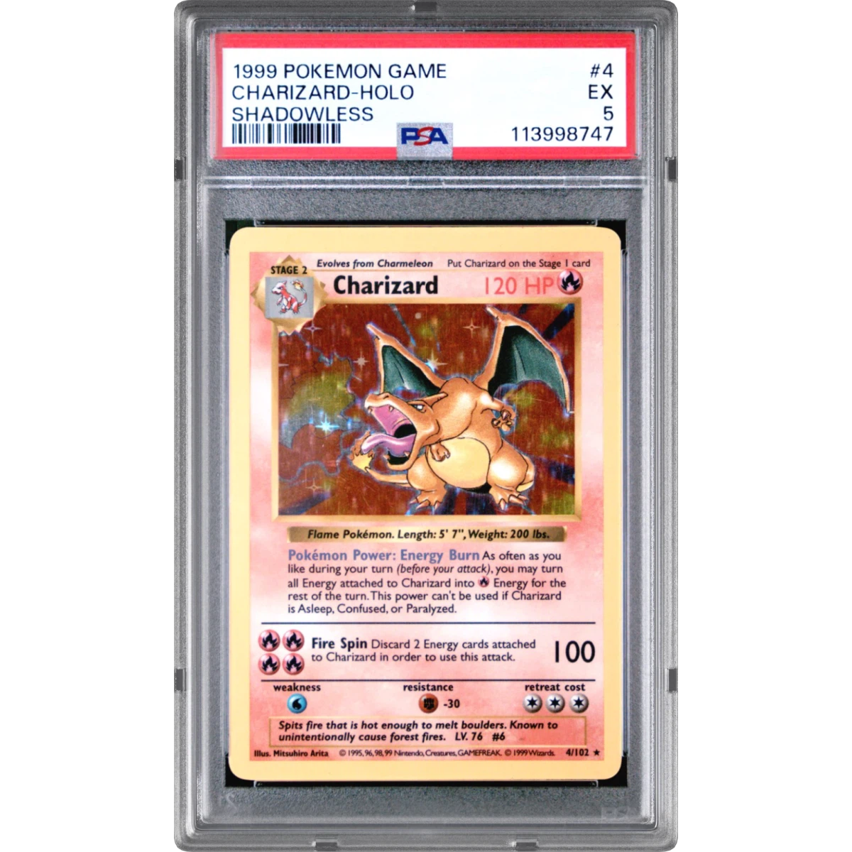 1999 Pokémon Game #4 Charizard - Holo Shadowless (PSA 5 EX)