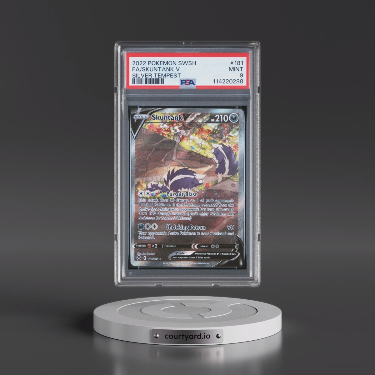 2022 Pokémon Sword & Shield Silver Tempest #181 Skuntank V - Holo Full Art (PSA 9 MINT)