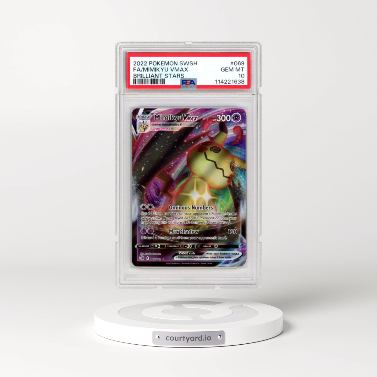 2022 Pokémon Sword & Shield Brilliant Stars #069 Mimikyu Vmax - Full Art (PSA 10 GEM MINT)