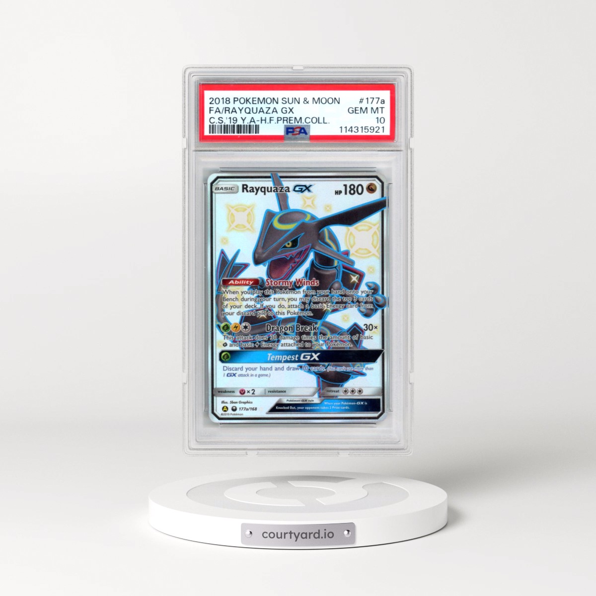 2018 Pokémon Sun & Moon Celestial Storm #177a Rayquaza GX - Holo Full Art 2019 Yellow A Hidden Fates Premium Collection (PSA 10 GEM MINT)