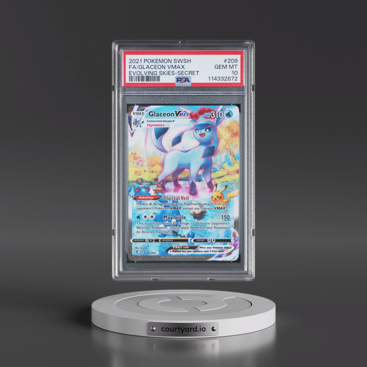 2021 Pokémon Sword & Shield Evolving Skies #209 Glaceon Vmax - Full Art Secret (PSA 10 GEM MINT)
