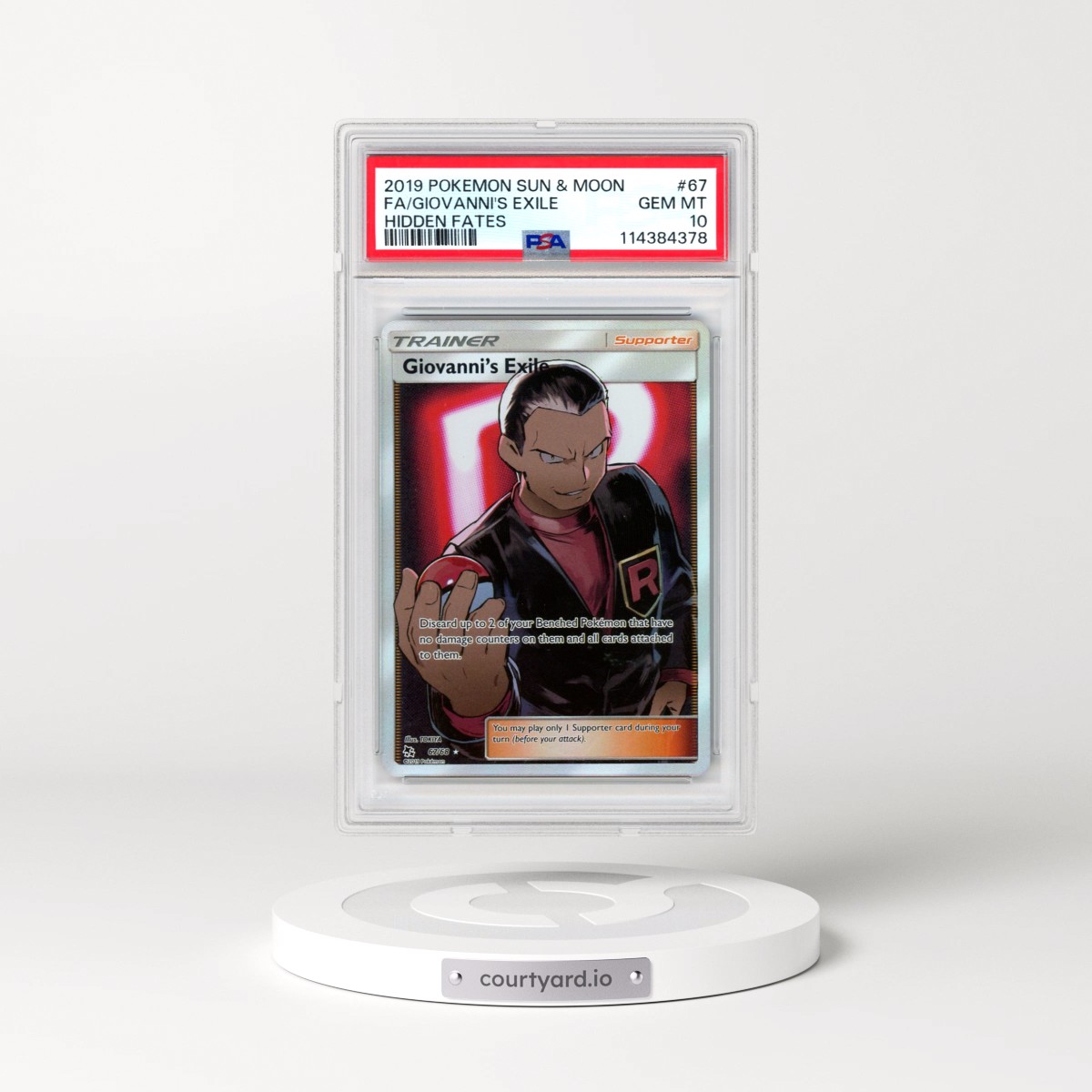 2019 Pokémon Sun & Moon Hidden Fates #67 Giovanni's Exile - Full Art (PSA 10 GEM MINT)