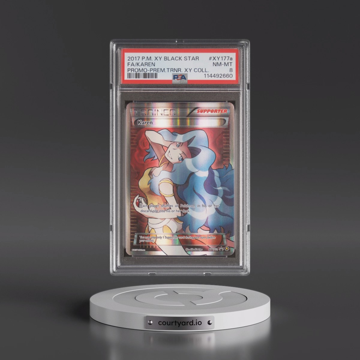 2017 Pokémon XY Black Star Promo Karen - Full Art Premium Trainer XY Collection #XY177a PSA 8