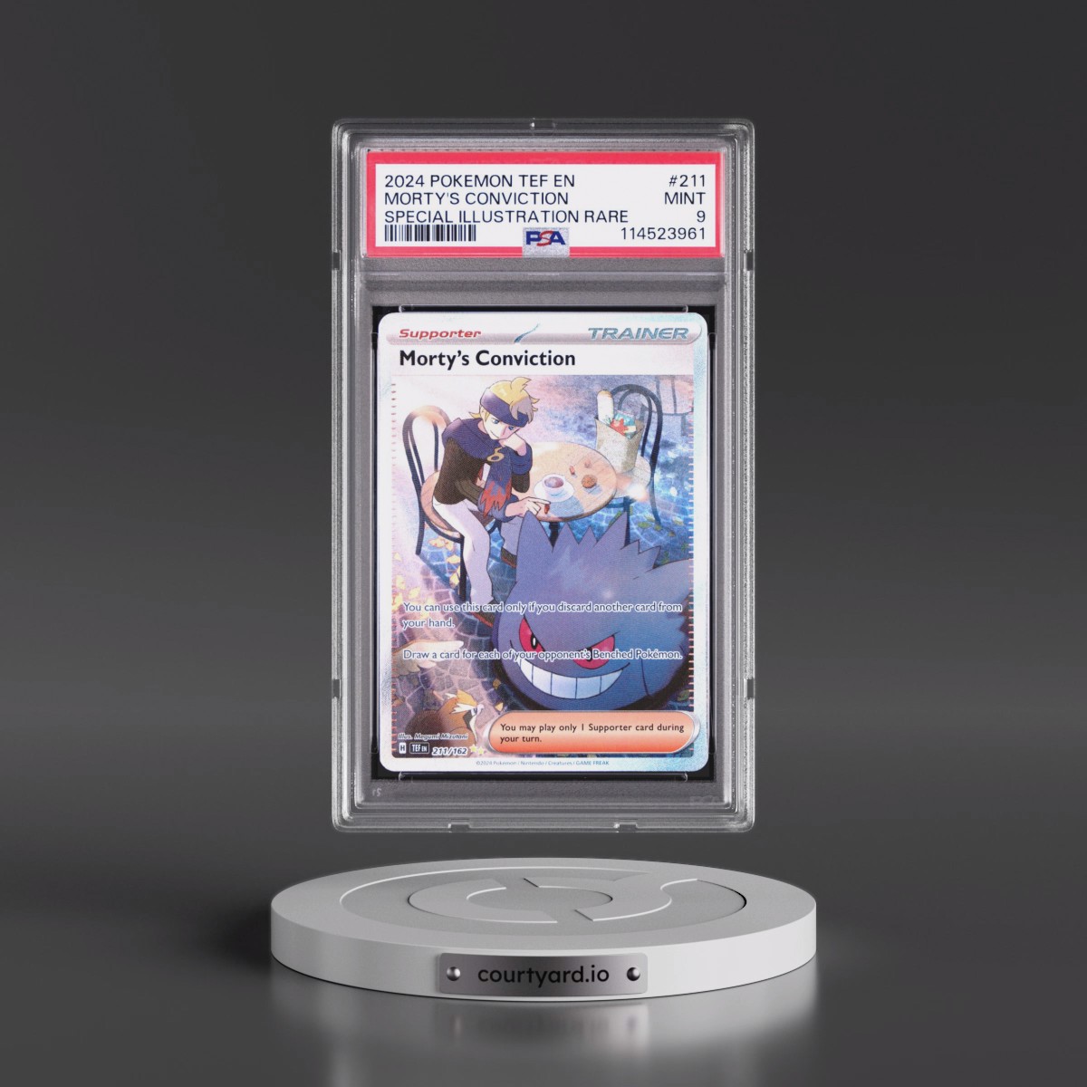 2024 Pokémon Tef EN-Temporal Forces #211 Morty's Conviction - Special Illustration Rare (PSA 9 MINT)